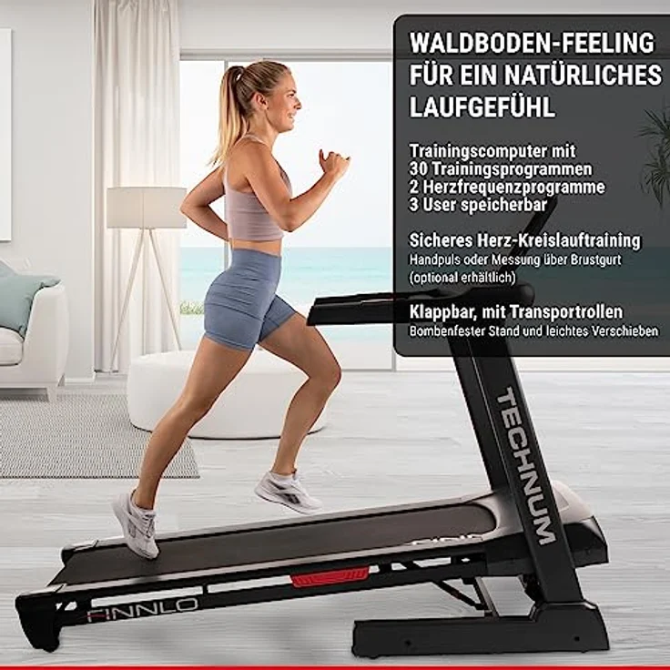 HAMMER Finnlo Laufband Technum, Klappfunktion, LED-Display, 30 Programme, Kinomap, Zwift, 5 PS, 20 km/h, 150 x 51 cm Lauffläche – Bild 5