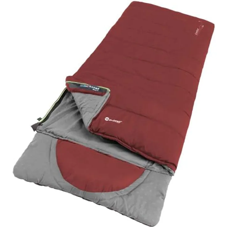 Outwell Contour Lux, Schlafsack (220 cm) mit zwei Dämmschichten, rot, integrierter Kissen und Reißverschluss-Kapuze
