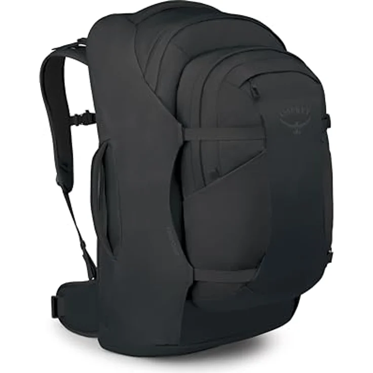 Osprey Farpoint 70 Black, leichter Wanderrucksack mit abnehmbarem Tagesrucksack und verstaubaren Tragegurten – Bild 1