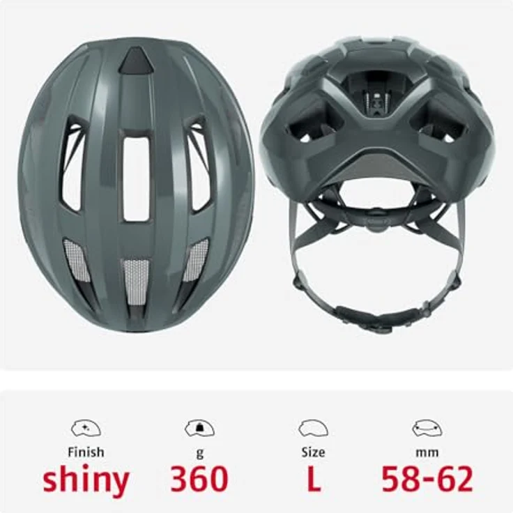 ABUS Macator Rennradhelm, sportlicher Fahrradhelm für Einsteiger, ponytail-kompatibel, grau glänzend, Größe L – Bild 3