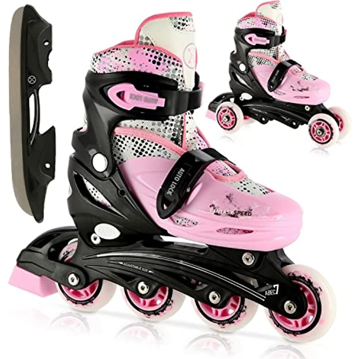 Nils Extreme Rollschuhe 4in1 - Schlittschuhe Kinder - Rollerblades Inline Skates Kinder - Eislaufschuhe Kinder S - Rosa – Bild 2