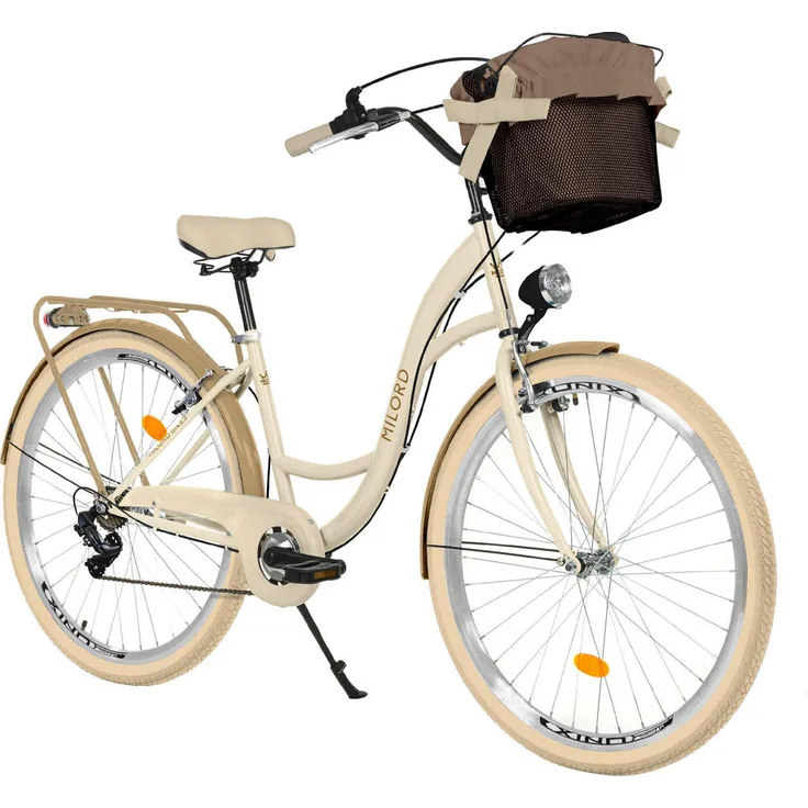 Milordbikes City-Fahrrad, Creme, 46 cm, Metall, Freizeit mit Aluminiumfelgen und hinterem Träger