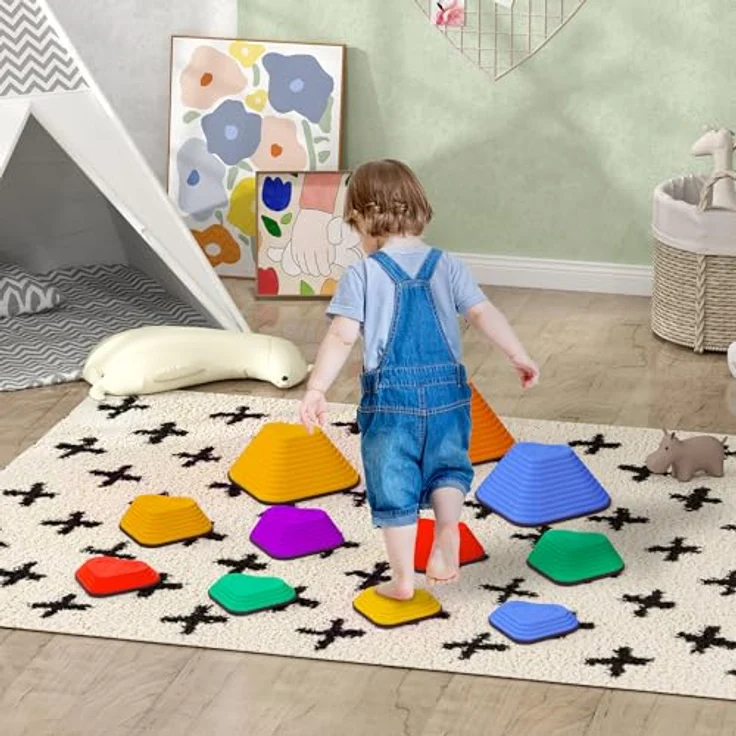 AIYAPLAY Flusssteine, 11-tlg. Stapelbare Balanciersteine in Herzform, rutschfest, bis 80 kg belastbar, für Kinder von 3-8 Jahren, bunt – Bild 2