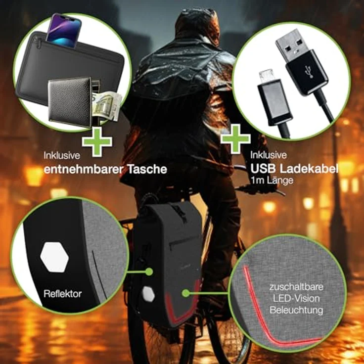 Eloneo Velotasche Gepäckträgertasche, 28 l, wasserdicht mit LED-Streifen und Reflektoren – Bild 2
