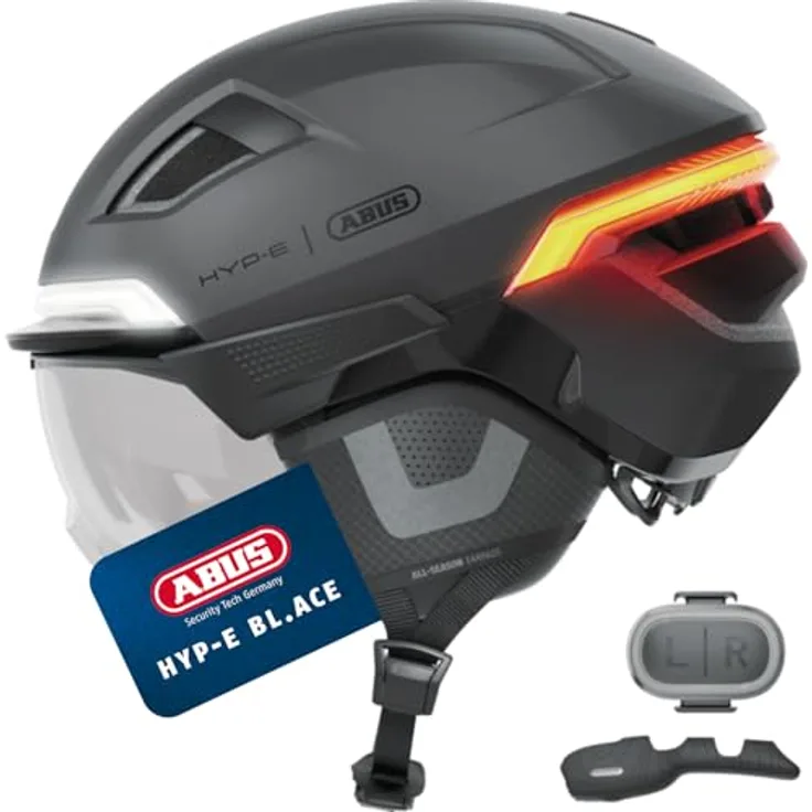 ABUS HYP-E B.LACE Fahrradhelm, Grau, mit Front-, Rück- und Blinklicht, kabellosem Bremslicht, Visier und Ohrenschützern, Größe S (51-55 cm) für Fahrrad, E-Bike und S-Pedelec