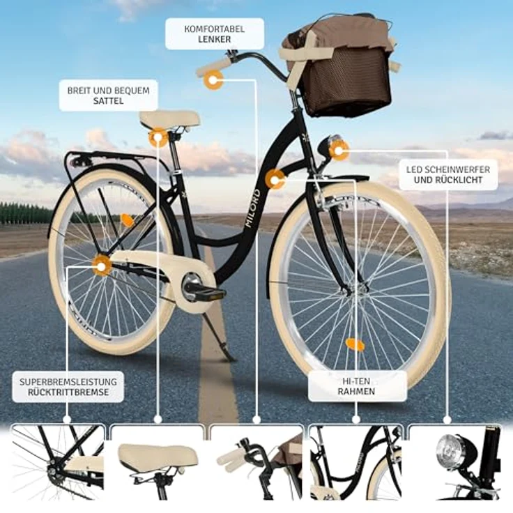 Milordbikes City-Fahrrad, Schwarz und Creme, Metall, 46 cm, leicht rollende City-Reifen, mit hinterem Träger – Bild 2
