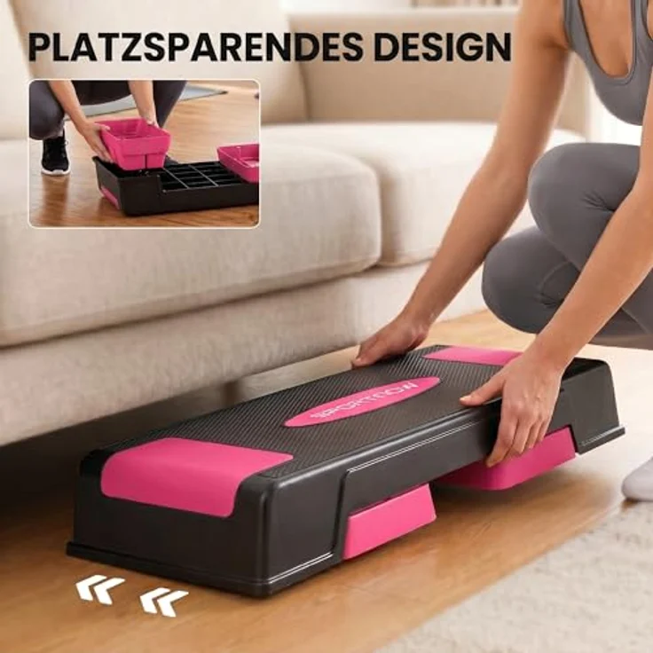 SPORTNOW Aerobic Stepper, 3-stufig verstellbar (12/17,5/22,5 cm), rutschfeste Matte, belastbar bis 250 kg, Schwarz+Rosa – Bild 6