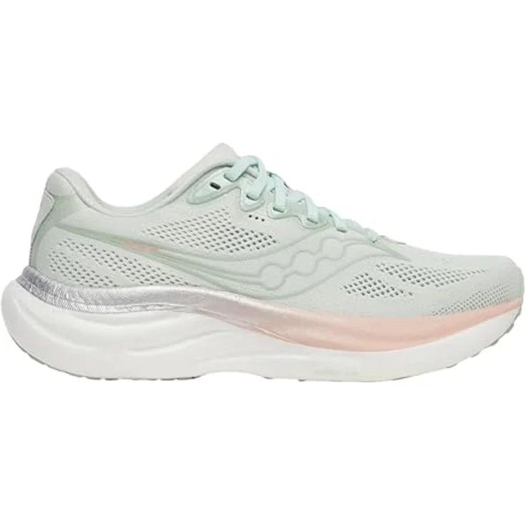 Saucony RIDE 19 Damen Laufschuhe, Mist/Cameo, atmungsaktives Mesh-Obermaterial, PWRRUN+ Dämpfung, spritzwasserfest, stabilisierende Fersenkappe – Bild 5