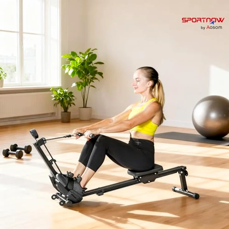 SPORTNOW Rudergerät für Zuhause, leise Rudermaschine mit Seilsystem, LCD-Display, ergonomischem Sitz, rutschfesten Pedalen, belastbar bis 150kg – Bild 2