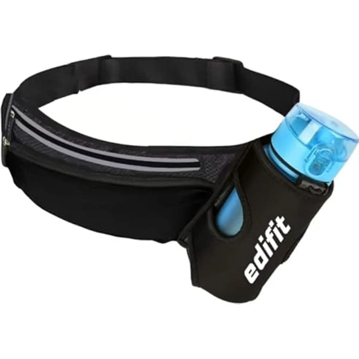 EDIFIT Laufgürtel mit Getränkehalter, wasserdicht, zwei Reißverschlusstaschen, verstellbarer reflektierender Gurt (Schwarz) – Bild 1