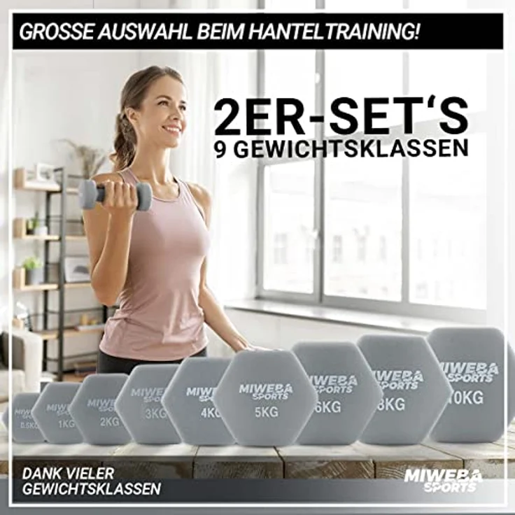 Miweba Sports Neopren Hantelset NKH100 | 𝐏𝐫𝐨𝐟𝐢 Hantel - Hexagon Hanteln Set - Kurzhanteln - Kurzhantel Set - Gymnastikhanteln - Hantel Set - Dumbbell - 0,5-10 Kg (2X 0.5 kg, Grau) – Bild 4