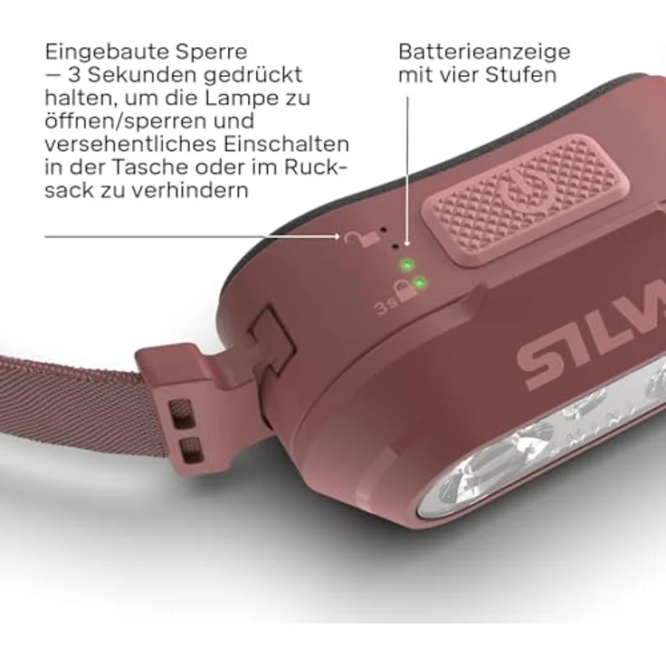 Silva Smini Stirnlampe LED, wiederaufladbar über USB-C, 250 Lumen, 3 Helligkeitsstufen, weiß & rot, 53 g, wasserfest, mit Batterieanzeige und rotem Rücklicht – Bild 2