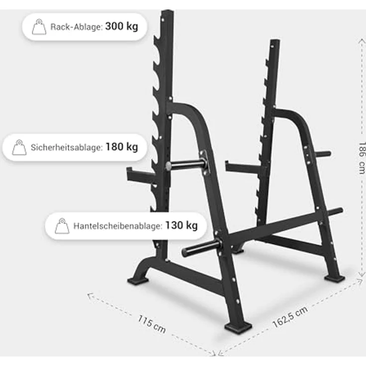 GORILLA SPORTS® Squat Rack, Kniebeugenständer mit Hantelscheibenständer, 9 Ablagen, max. 300 kg, aus Stahl, grau, 162,5 x 115 x 186 cm – Bild 3