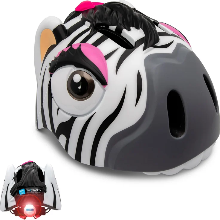 Crazy Safety Zebra Fahrradhelm für Kinder, einzigartiges Tierdesign, verstellbares Innenfitting, EN1078-zertifiziert, Weißes Zebra