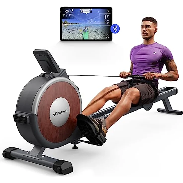 MERACH Rudergerät für Zuhause, Magnetisches Bluetooth Rudergeräte mit 16 Widerstandsstufen, Upgrade auf Doppel-Slide-Rails, Maximale Belastbarkeit von 160 KG, Vertikale Aufbewahrung, Platzersparnis – Bild 1