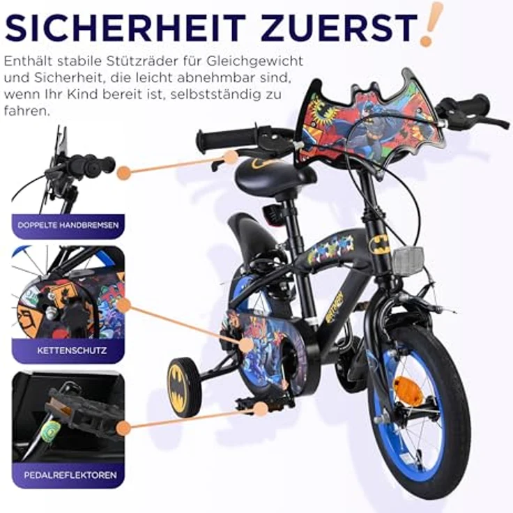 Batman Volare 14-Zoll-Kinderfahrrad, robust mit abnehmbaren Stützrädern und verstellbarem Sattel – Bild 3
