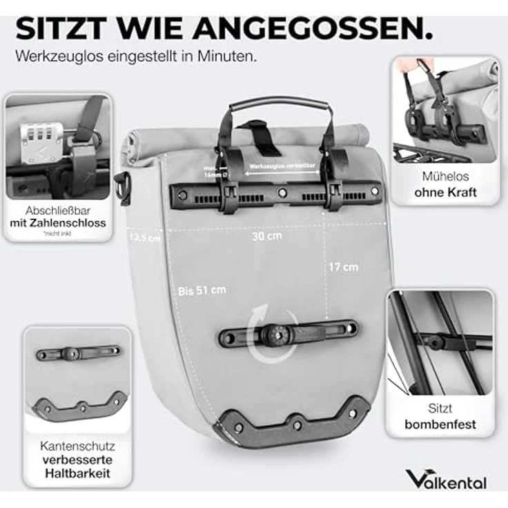 Valkental® Gepäckträgertasche, wasserdicht, 18-22L, abschließbar, reflektierend, bombenfester Sitz, mit Tragegurt – Bild 2
