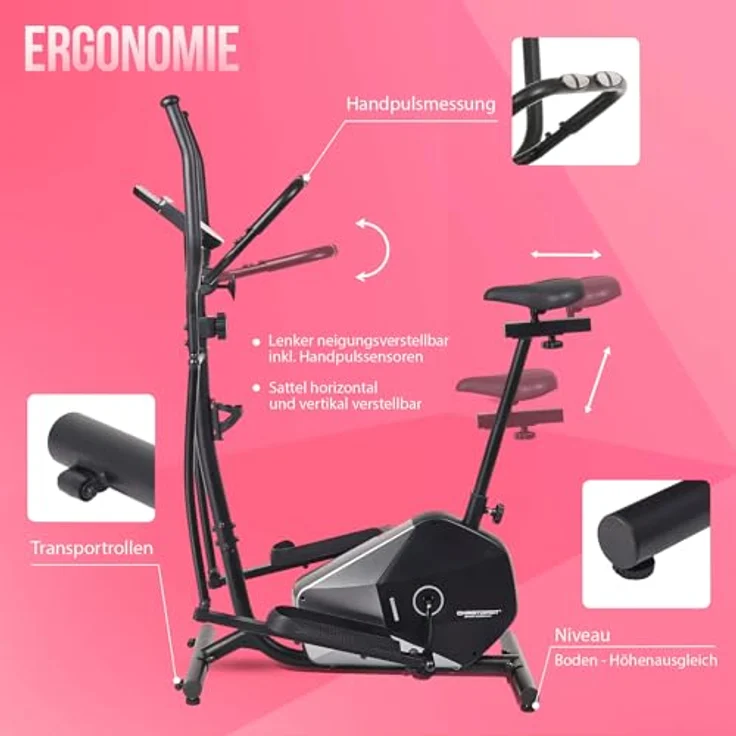 Christopeit Crosstrainer CT 6, 2-in-1 Cross- & Heimtrainer mit 7 kg Magnetbremse, 8 Widerstandsstufen, Handpulssensoren und Tablet-Halterung, bis 100 kg – Bild 5