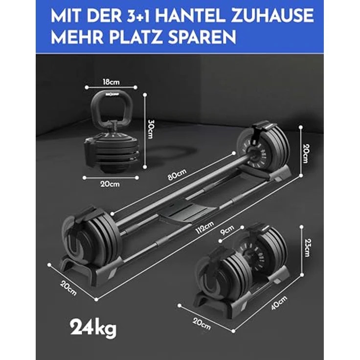NEOLYMP 3 in 1 Hanteln Set 40kg, Verstellbare Kurzhanteln, Langhantel & Kettlebell mit einstellbaren Gewichten 2-40kg, Platzsparendes Fitness-Set für Ganzkörper-Workout – Bild 2