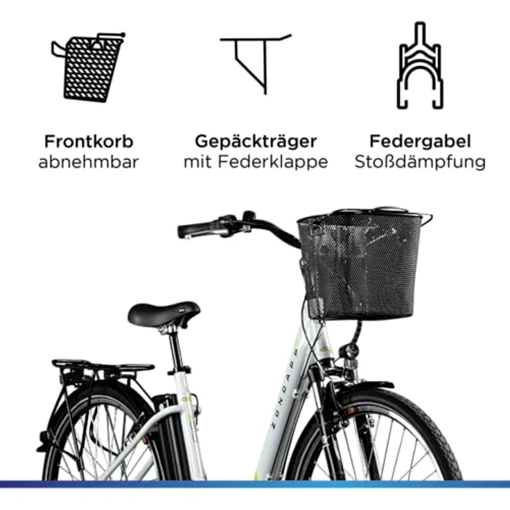 ZÜNDAPP E Damenrad 700c E-Bike Pedelec Z510 Citybike Elektrofahrrad 28" (weiß/grün, 48 cm) - Damen E-Bike mit 3 Gang Nabenschaltung, starkem Vorderradmotor und 115 km Reichweite – Bild 4