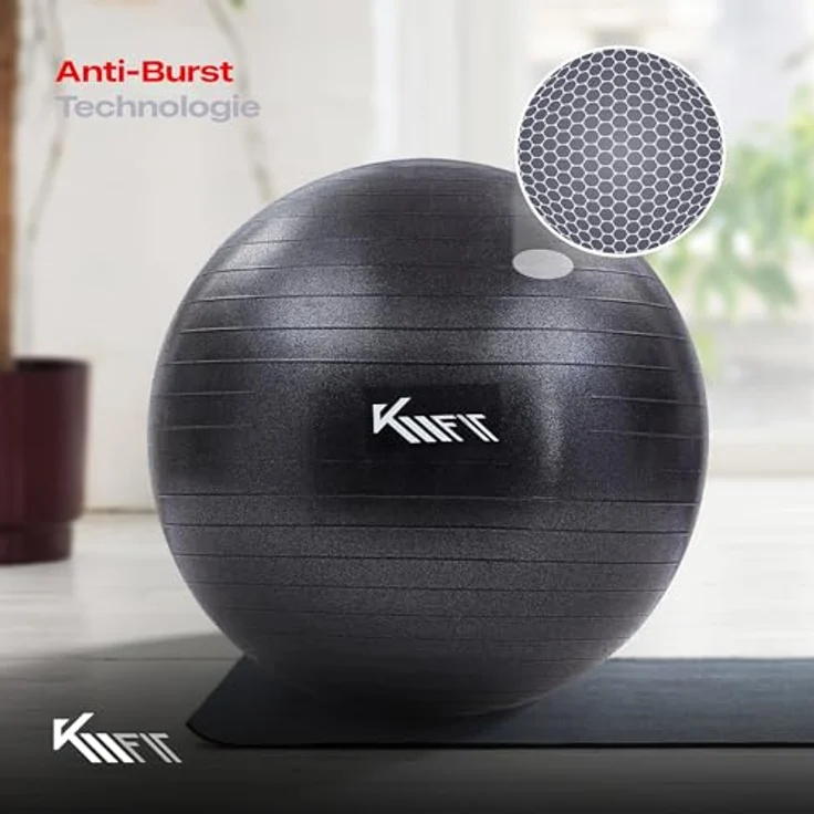 KM-Fit Gymnastikball 75cm | Trainingsball mit Luft-Pumpe | Sitzball Büro Anti-Burst | Ball für Fitness, Yoga, Gymnastik, Core Training | Pezziball Yogaball BPA-Frei | Schwarz – Bild 4