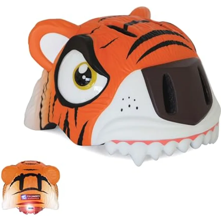 Crazy Safety Kinder Fahrradhelm 3D Tierhelm für 2-7 Jahre, verstellbar, mit LED-Rücklicht, Tiger Orange, 49-55 cm