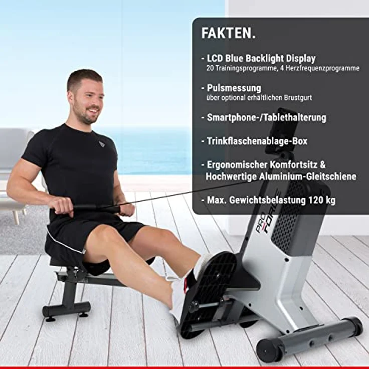 HAMMER Rudergerät Pro Force - platzsparendes, leichtes & hocheffektives Ausdauergerät mit 20 Trainingsprogrammen und Tablet-Halterung, bis 120 kg Nutzergewicht – Bild 4