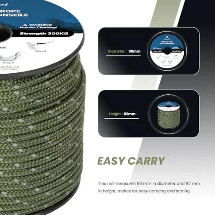 Abma Cord Abspannseile Zeltschnur, 30m Zeltseil mit 6 Seilspanner, 4mm Durchmesser, reflektierende Armee Grün, 300 kg Bruchlast, UV-beständig für Camping und Outdoor – Bild 4