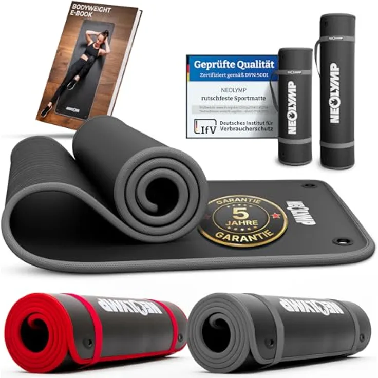 NEOLYMP Fitnessmatte, extra dick & rutschfest mit Aufhänge-Ösen, inkl. Tragegurt & E-Book – Yogamatte, Gymnastikmatte, Grau, 61 cm, 6 Matten