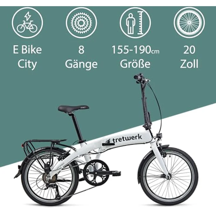 tretwerk 20 Zoll E-Bike Klapprad - Akimbo - klappbares Elektrofahrrad mit Heckmotor 50Nm, 8 Gang Kettenschaltung - weiß – Bild 2