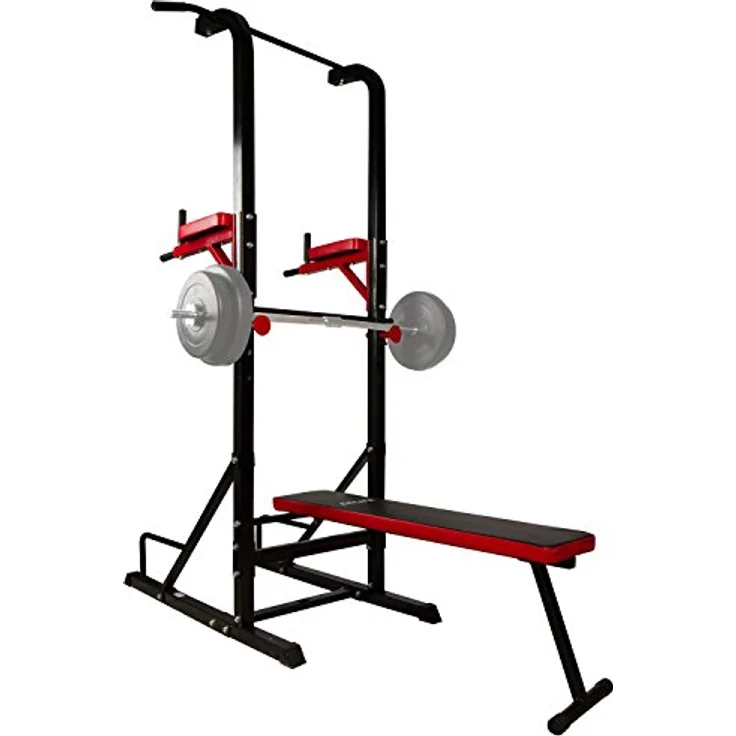 CCLIFE Power Tower Dip Station, Multifunktions-Krafttrainingsgerät mit verstellbarer Ablage, schwarz/rot – Bild 1