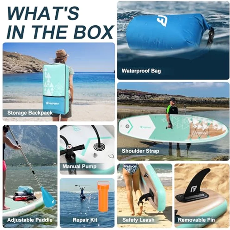 FBSPORT Aufblasbares SUP Board, Stand Up Paddling Board mit 15CM Dicke, verstellbarem Aluminium SUP Paddel + Pumpe, ideal für Yoga und Surfen, Light Brown – Bild 4
