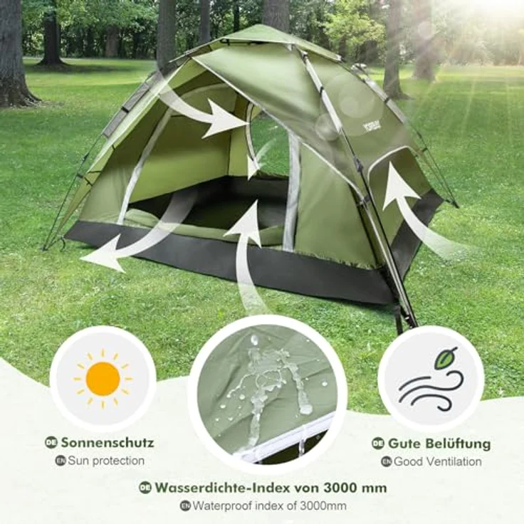 Yorbay 2 in 1 Pop Up Camping Zelt für 2-3 Personen, doppelwandig Wasserdicht UV-Schutz Kuppelzelt Grün – Bild 3