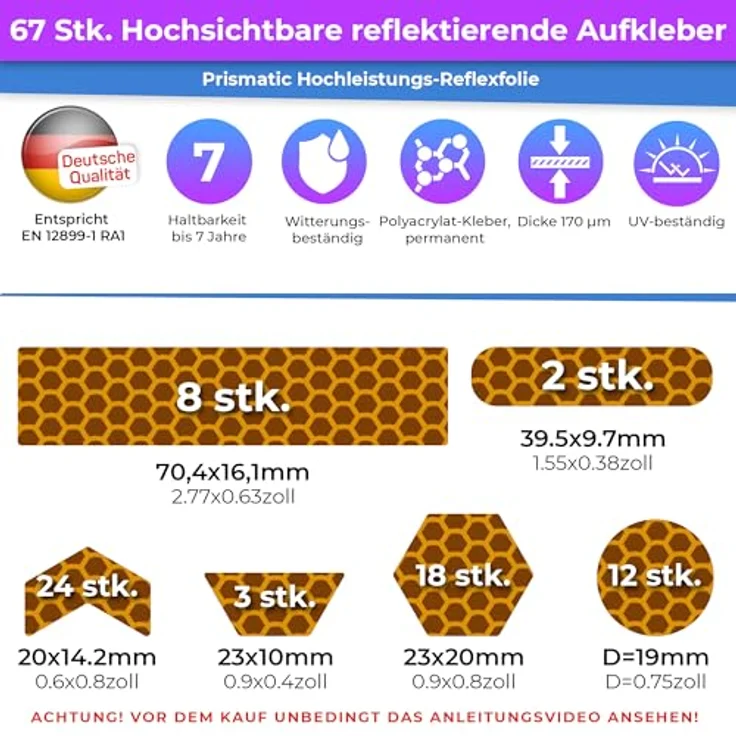 LOOM Fahrrad Reflektoren Aufkleber Set, 67 Stück in Prismatic Gelb, Wasserdicht, German Oralite Qualität für Helm, Auto und Anhänger – Bild 2