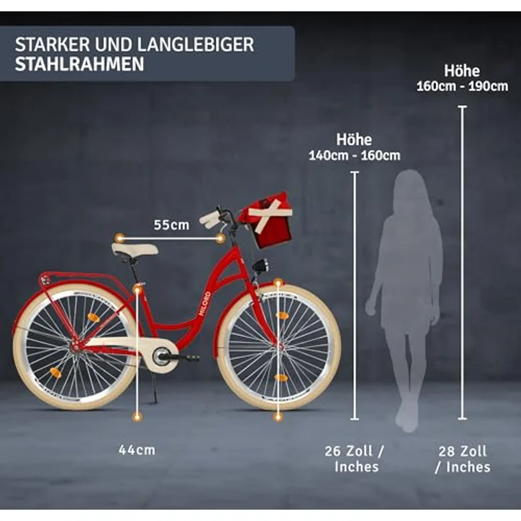Milordbikes City-Fahrrad, Rot, 46 cm, leichtes Metall-Citybike mit Aluminiumfelgen und hinterem Träger für Freizeit und Fitness – Bild 3