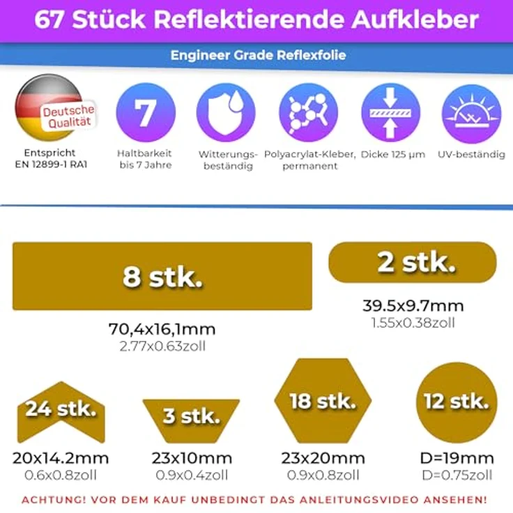 LOOM Fahrrad Reflektoren Aufkleber Set, 67 Stück Engineer Gelb, German Oralite Qualität, 100% wasserdicht, ideal für Helm, Auto und Anhänger – Bild 2