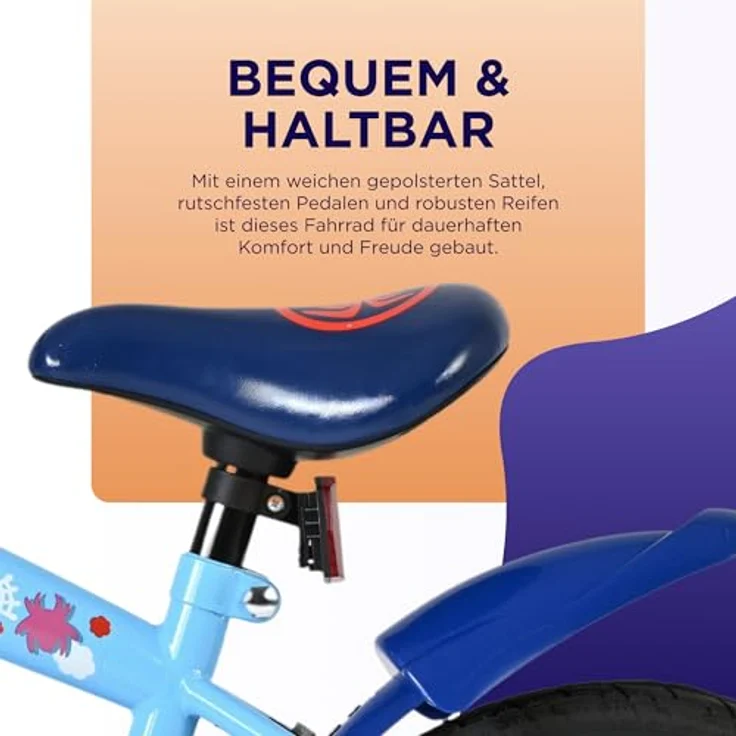 Volare Spidey Kinderfahrrad, 16 Zoll, blau, mit Hand- und Rücktrittbremse, höhenverstellbar, abnehmbare Stützräder – Bild 5
