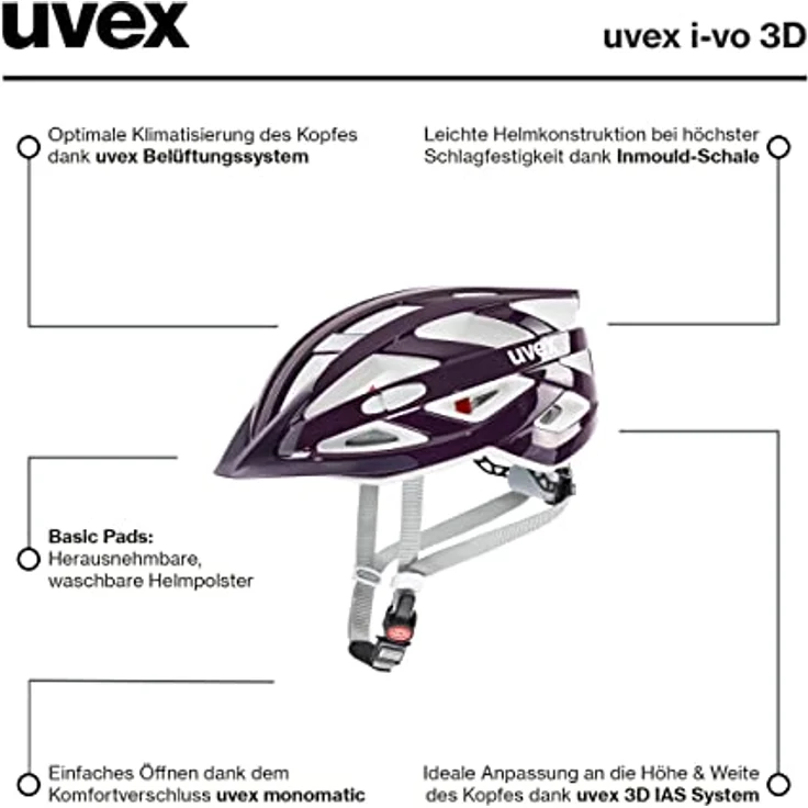 Uvex Sports i-vo 3D Velohelm, verstellbar von 52 bis 57 cm, mit Sonnenblende und Fliegengitter, violett – Bild 6