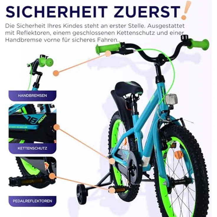 Volare Rocky 18 Zoll Kinderfahrrad für Jungen, Grün mit schwarz, geschlossener Kettenschutz, Handbremse und Rücktrittbremse – Bild 4
