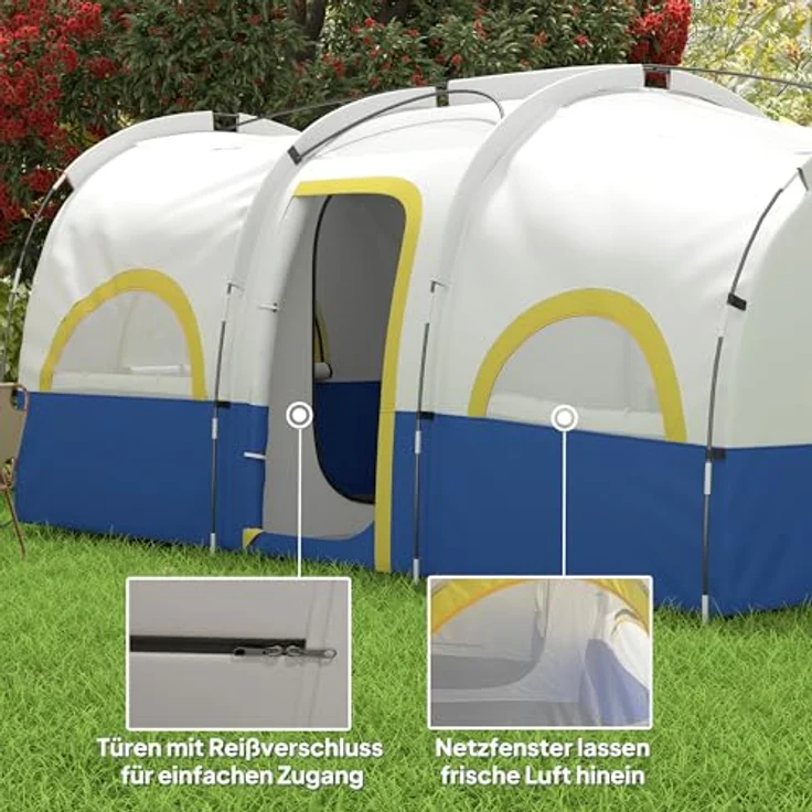Outsunny Tunnelzelt für 6 Personen, 3-Raum Familienzelt mit UV-Schutz, 3000mm wasserabweisend, inkl. Tragetasche, Blau – Bild 4