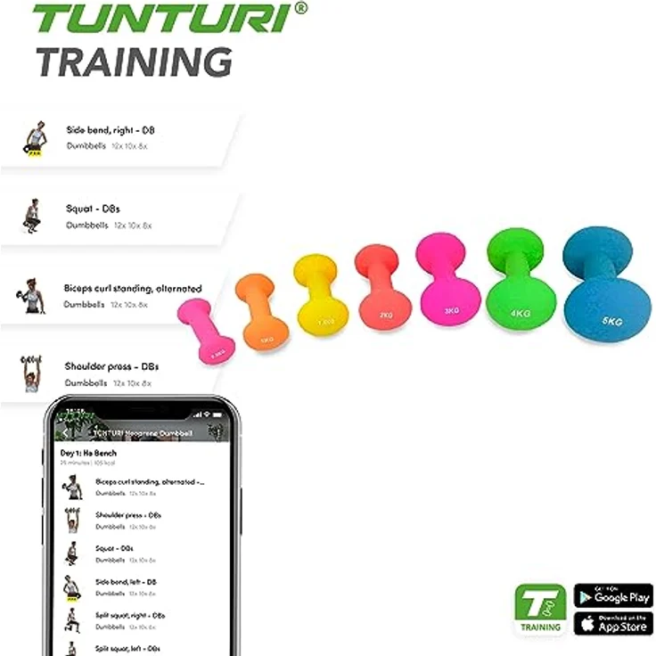 Tunturi 2er Set Kurzhantelset, Fitnessset, 1 kg, Bunte Kurzhanteln mit Neopren – Bild 3