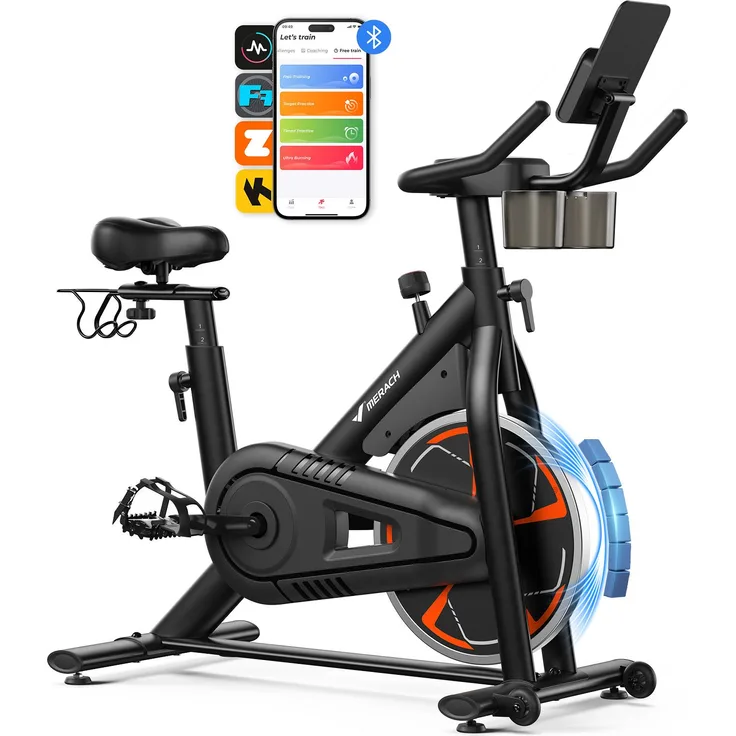 Merach Heimtrainer Fahrrad, leises Fitnessbike mit LCD-Display, magnetischem Widerstand, 8 Widerstandsstufen, bis 150 kg belastbar, Bluetooth-Konnektivität