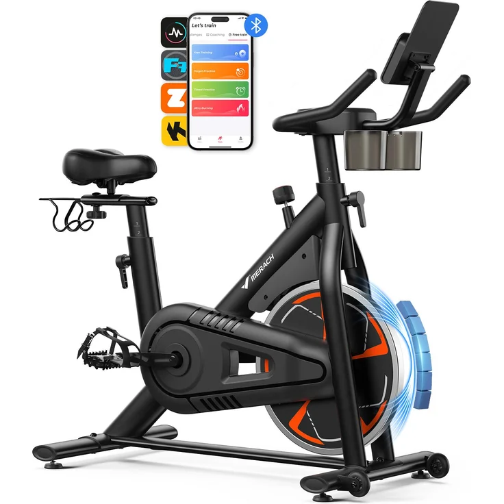 Merach Heimtrainer Fahrrad, leises Fitnessbike mit LCD-Display, magnetischem Widerstand, 8 Widerstandsstufen, bis 150 kg belastbar, Bluetooth-Konnektivität