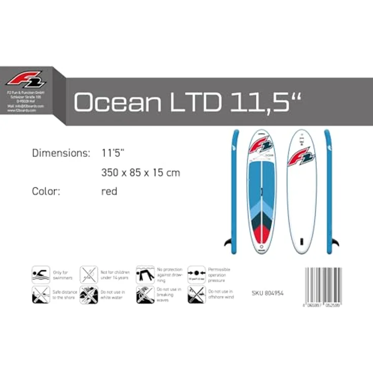 F2 Stand up Paddle Board OCEAN LTD SUP Board Only 11,5 Rot 2024/2025, aufblasbar mit 6-Zoll-Dropstitch-Material – Bild 6
