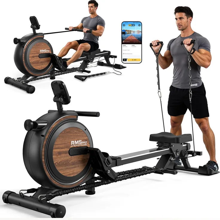 VOWVIT Heim-Rudergerät mit magnetischem Widerstand, Bluetooth, Tablet-Halterung, bis 160 kg, schwarz mit Holzoptik