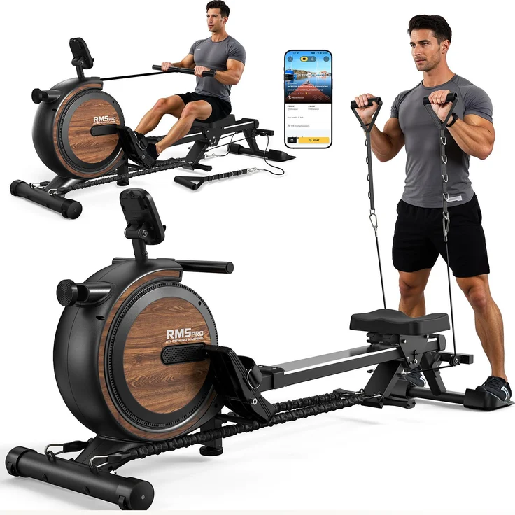 VOWVIT Heim-Rudergerät mit magnetischem Widerstand, Bluetooth, Tablet-Halterung, bis 160 kg, schwarz mit Holzoptik