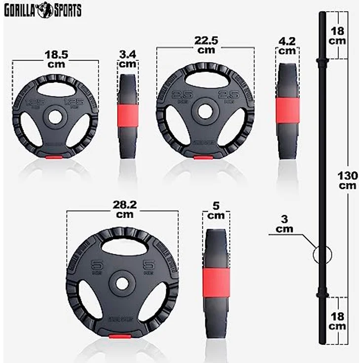 GORILLA SPORTS® Langhantel Set 20 kg - inkl. Hantelscheiben 2x1,25kg, 2x2,5kg, 2x5kg, 30mm, Aerobic Langhantelstange 130 cm, mit 2 Federverschlüsse, Kunststoff - Hantelset, Langhantelset – Bild 5