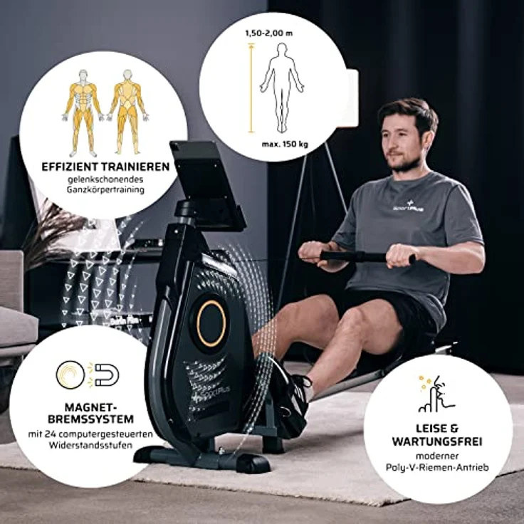 SportPlus Rudergerät für zuhause, Rudergerät klappbar mit App-Steuerung und 24-Stufen-Magnetbremse mit 8kg Schwungmasse, Maße: ca. 180x48x96,5cm (LxBxH); Klappmaße: 79x48x134cm (LxBxH) – Bild 3