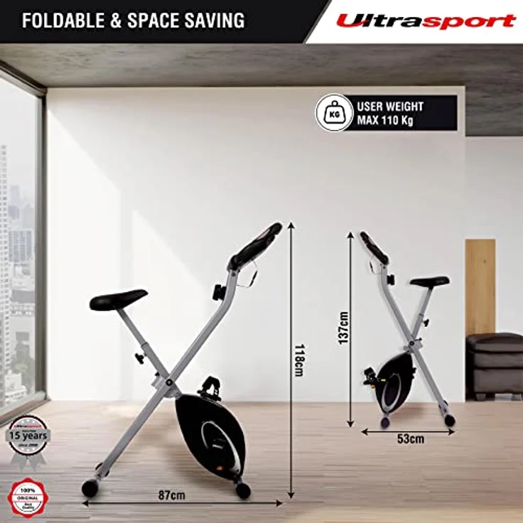 Ultrasport F-Bike, F-Rider Basics, Fahrradtrainer, Fitnessfahrrad LCD Trainingscomputer, Klappbarer Hometrainer, Max. Benutzergwicht 110 kg, Pulsmessung, 8 Widerstandsstufen, Trimmrad, Schwarz/Silber – Bild 3