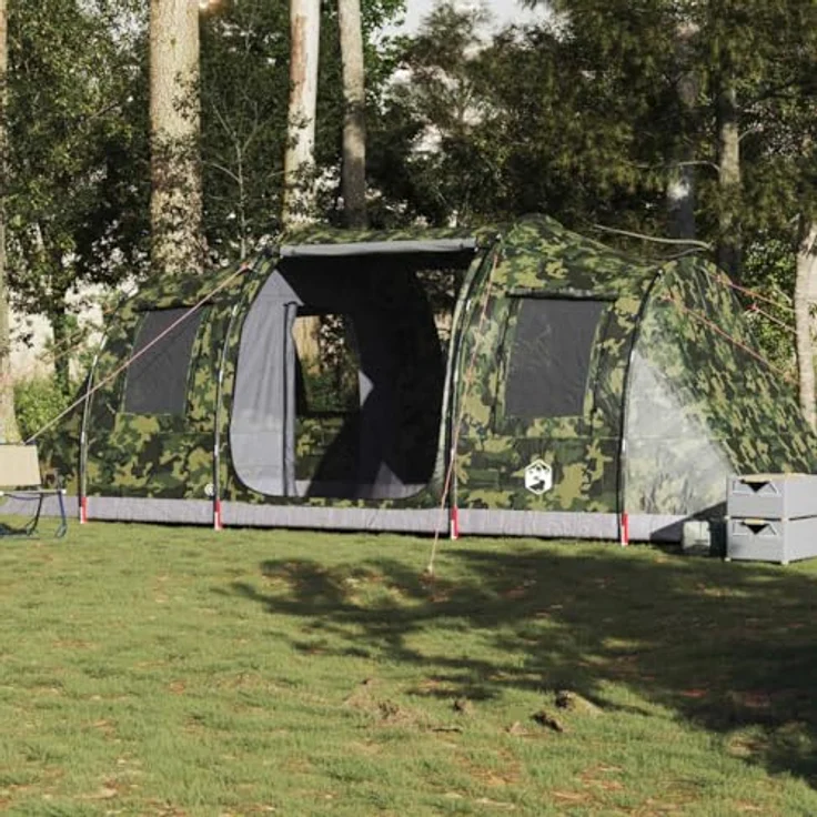 vidaXL Tunnelzelt 4 Personen Camouflage, wasserdichtes Campingzelt mit zwei Schlafkabinen und E-Anschluss, einfacher Auf- und Abbau – Bild 2